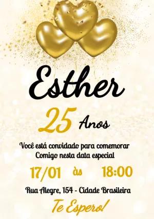 Convite de Aniversário Coração Dourado para Editar Online