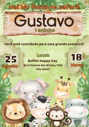 Convite Aniversário Safari Aquarela com Bichinhos para Editar