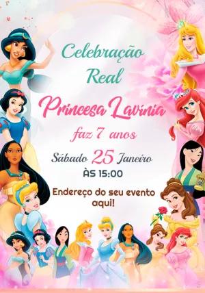 Convite de Aniversário Princesas Disney para Editar Online