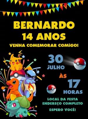 Convite de Aniversário Pokémon com Personagens para Editar Online
