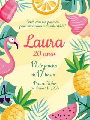 Convite Aniversário Tropical com Flamingo para Editar Online