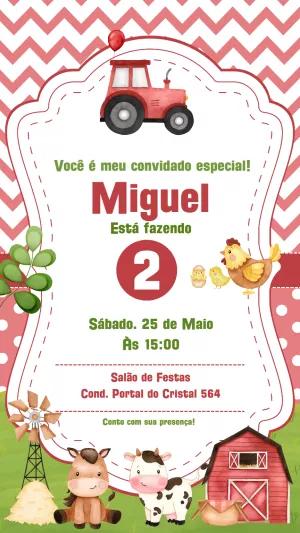 Convite Aniversário Fazendinha com Trator Vermelho para Editar