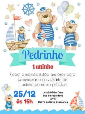 Convite Aniversário Ursinho Marinheiro para Editar Online