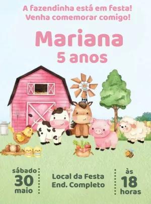 Convite Aniversário Fazendinha Rosa com Animais para Editar