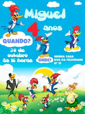 Convite de Aniversário Pica Pau e Turma para Editar Online