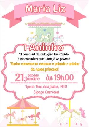 Convite de Aniversário Carrossel Rosa para Editar Online