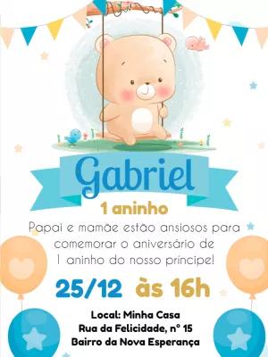 Convite de Aniversário Tema Ursinho Fofo para Editar Online