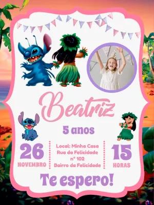 Convite Aniversário Lilo e Stitch com Foto para Editar Online