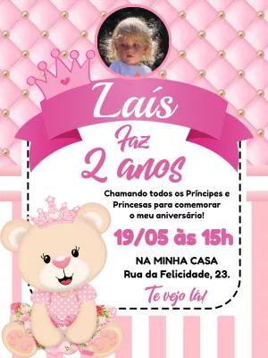 Convite Aniversário Ursinha Princesa com Foto para Editar Online