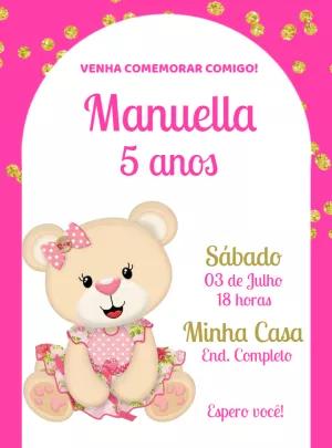 Convite de Aniversário Ursinha Rosa para Editar Online