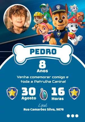 Convite de Aniversário Patrulha Canina com Foto para Editar