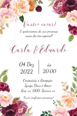 Convite de Casamento Floral Marsala e Rosé para Editar Online