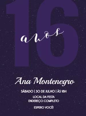 Convite de 16 Anos Céu Estrelado Roxo para Editar Online
