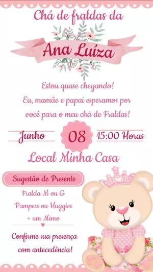 Convite Chá de Fraldas Ursinha Princesa para Editar Online