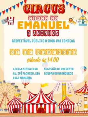Convite Aniversário Circo Editável Online para Imprimir