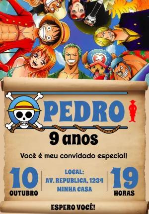 Convite de Aniversário One Piece com Personagens para Editar