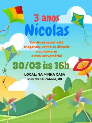 Convite de Aniversário Pipa e Catavento para Editar Online