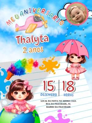 Convite Aniversário Aquarela Menina com Foto para Editar Online