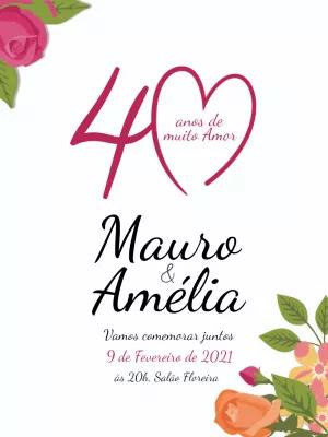 Convite de Bodas 40 Anos Floral com Coração para Editar