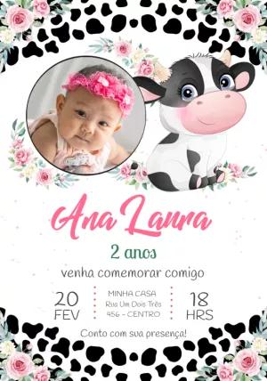 Convite Aniversário Vaquinha Floral com Foto para Editar