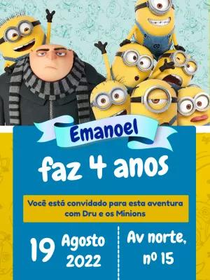 Convite de Aniversário Minions e Gru para Editar Online