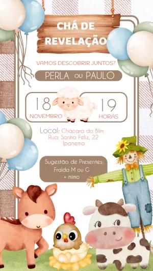 Convite Chá de Revelação Fazendinha com Animais para Editar