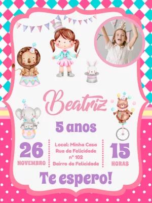 Convite Aniversário Circo Menina com Foto para Editar Online