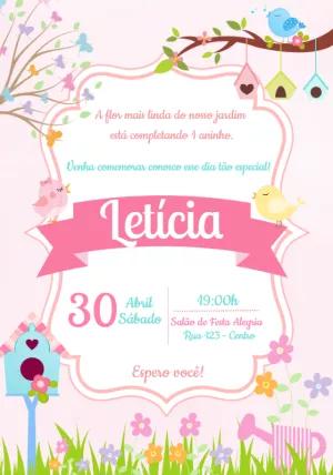 Convite Aniversário Jardim Encantado com Passarinhos para Editar