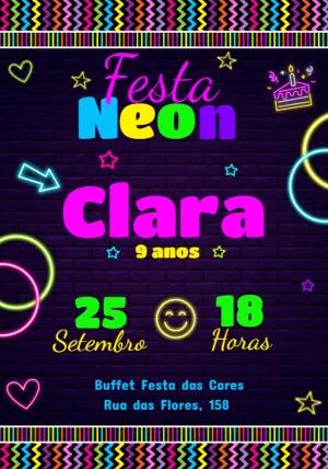Convite de Aniversário Neon com Cores Vibrantes para Editar