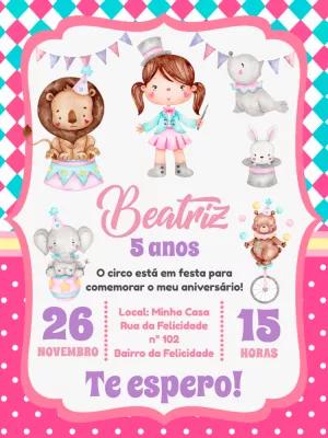 Convite Aniversário Circo Rosa com Animais para Editar Online