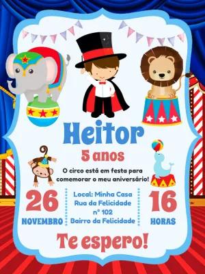 Convite Aniversário Circo Menino com Animais para Editar Online