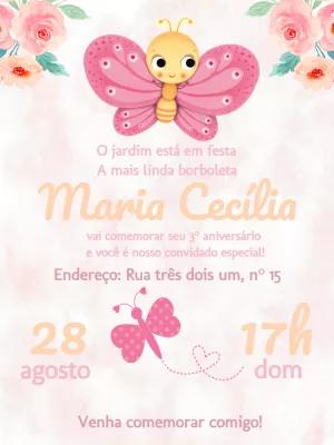 Convite de Aniversário Borboleta e Flores Editável Online