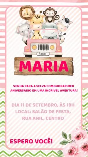 Convite de Aniversário Safari Rosa com Bichinhos para Editar