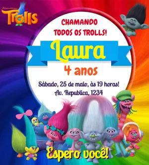 Convite de Aniversário Trolls com Personagens para Editar Online