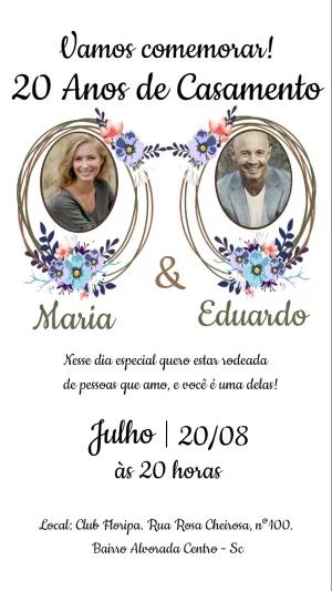 Convite Aniversário de Casamento Floral com Foto para Editar