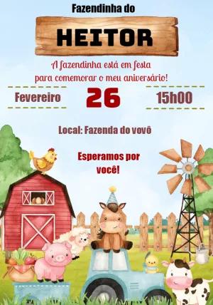 Convite de Aniversário Fazendinha com Animais em Festa para Editar