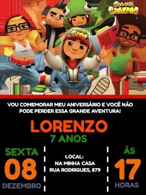 Convite de Aniversário Subway Surfers com Personagens para Editar