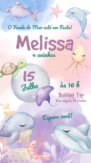 Convite Aniversário Fundo do Mar Menina para Editar Online
