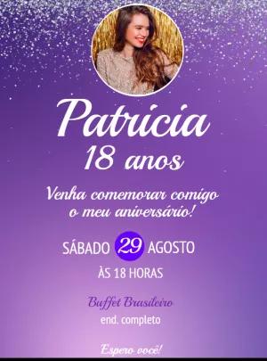 Convite Aniversário Glitter Roxo com Foto para Editar Online