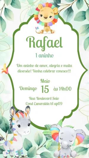Convite Aniversário Safari Baby com Animais para Editar Online