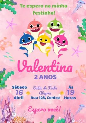 Convite Aniversário Baby Shark Menina Aquarela para Editar Online