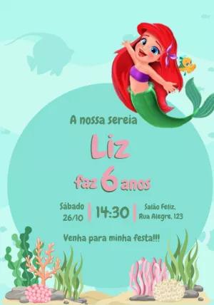 Convite de Aniversário Pequena Sereia Ariel para Editar Online