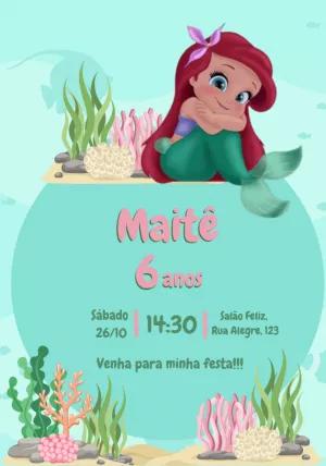 Convite de Aniversário Ariel Pequena Sereia para Editar Online