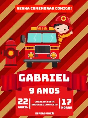 Convite de Aniversário Bombeiro com Caminhão para Editar Online