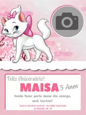 Convite de Aniversário Gata Marie com Foto para Editar Online