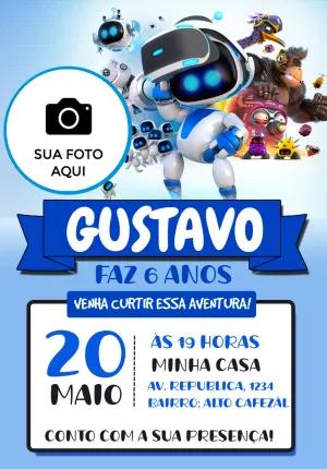 Convite de Aniversário Astro Bot com Foto para Editar Online