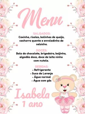 Menu de Aniversário Ursinha Bailarina para Editar Online