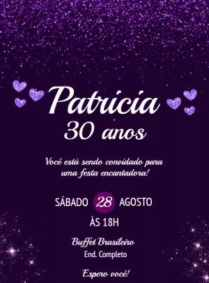 Convite de Aniversário Roxo com Glitter para Editar Online