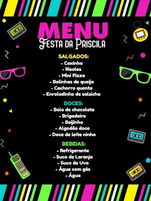 Menu de Aniversário Retrô Anos 80 Editável Online