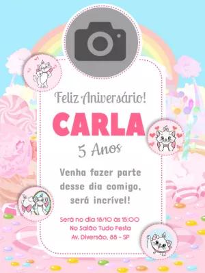 Convite Aniversário Gata Marie com Foto para Editar Online